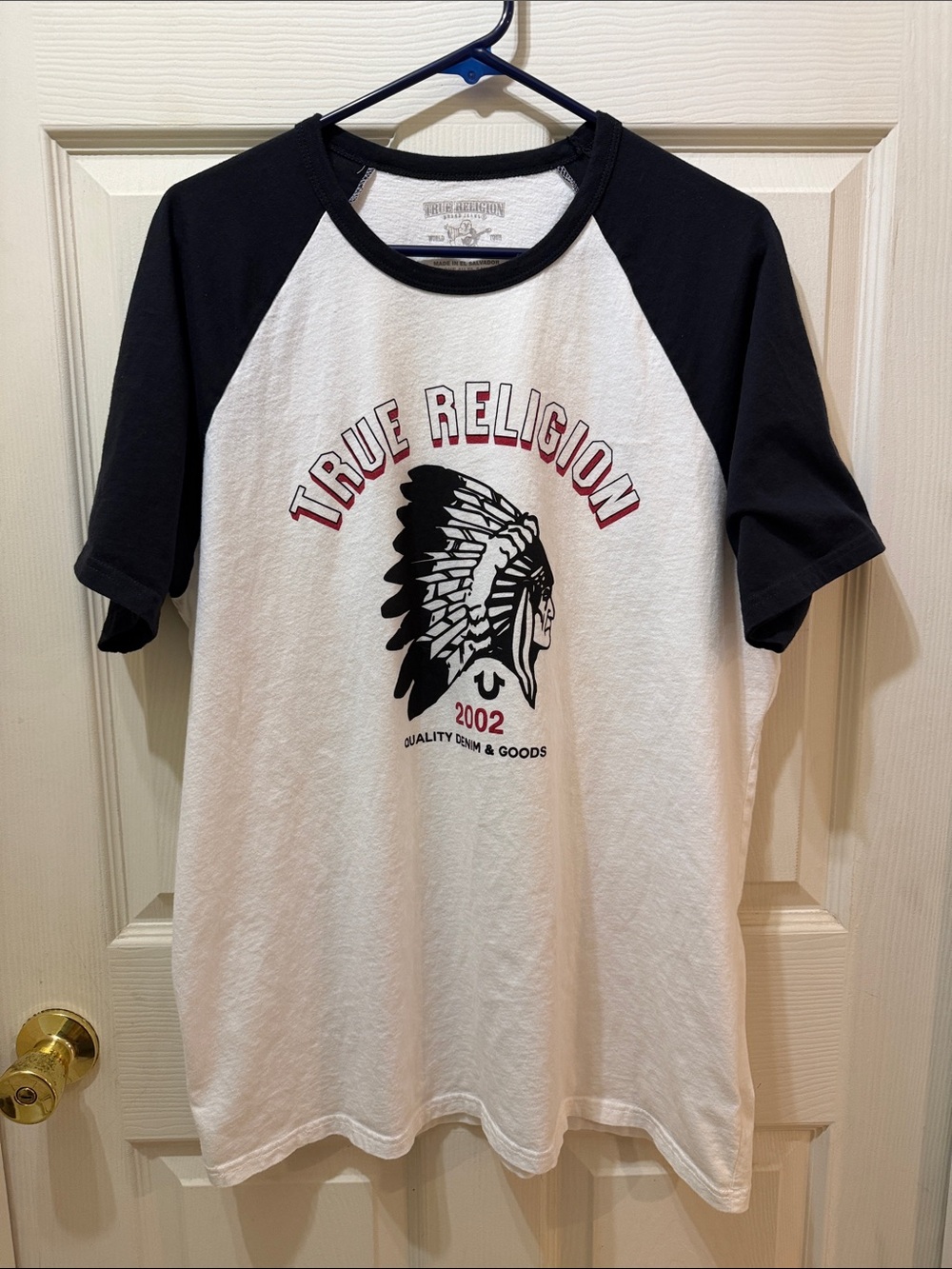 True Religion White and Black Raglan Graphic Tee with Red Accent